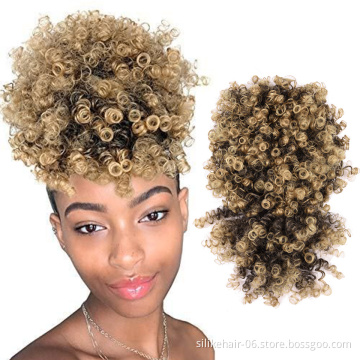 High Quality Afro Puff Hair Pieces Brown Short Kinky Curly Chignon With Bangs Drawstring Ponytail Synthetic Hair Bun Extensions
